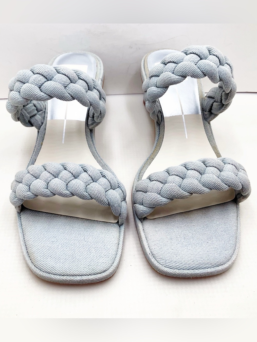 {Dolce Vita} Indy Light Blue Denim Slip On Open Square Toe Woven Straps Sandals - Picture 9 of 14
